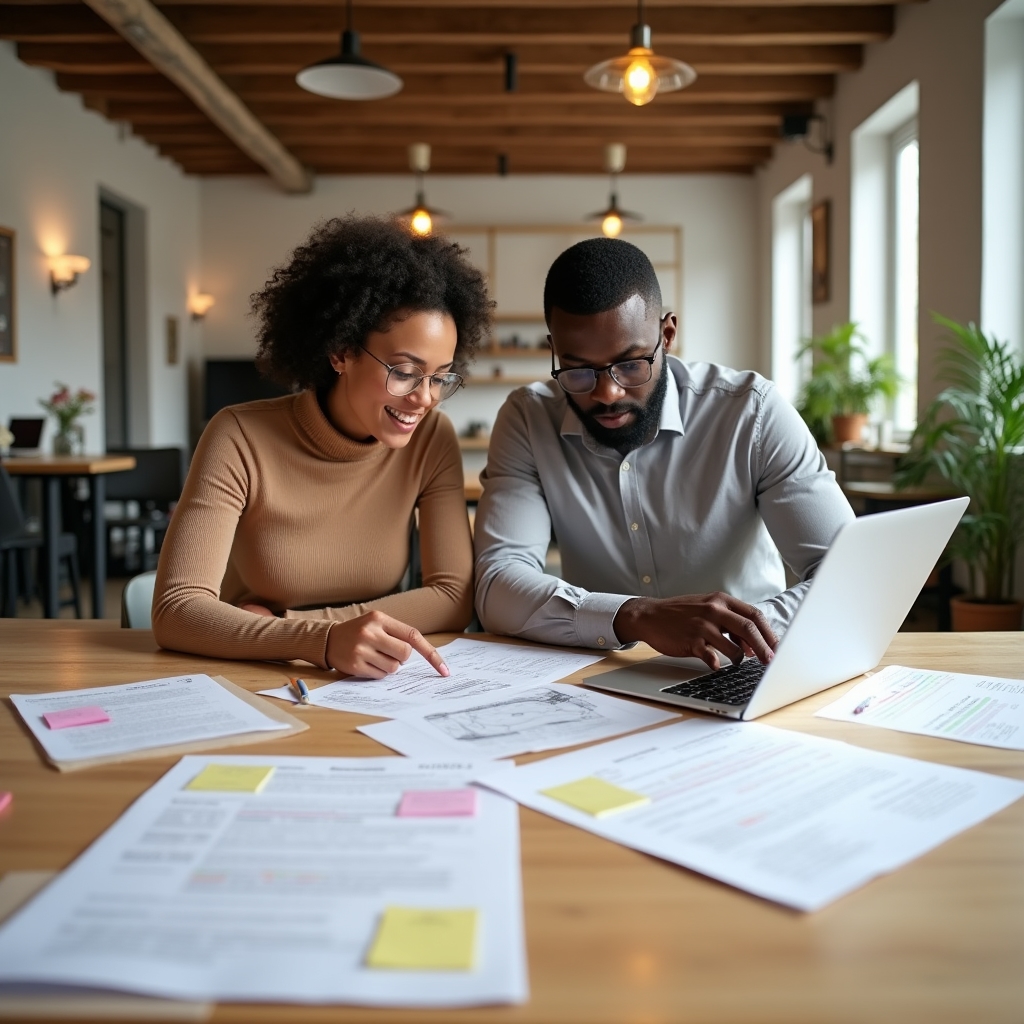 Gemeinsame Arbeitssitzung mit Unterlagen und Laptop