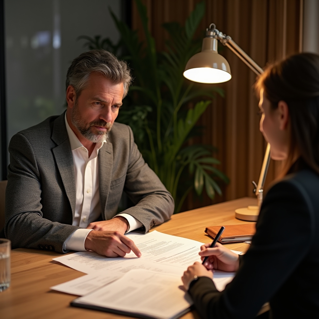 Honorardiskussion am Tisch mit Unterlagen und Notizbuch