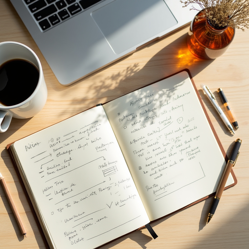 Strategieplanung von oben mit Unterlagen und Kaffee